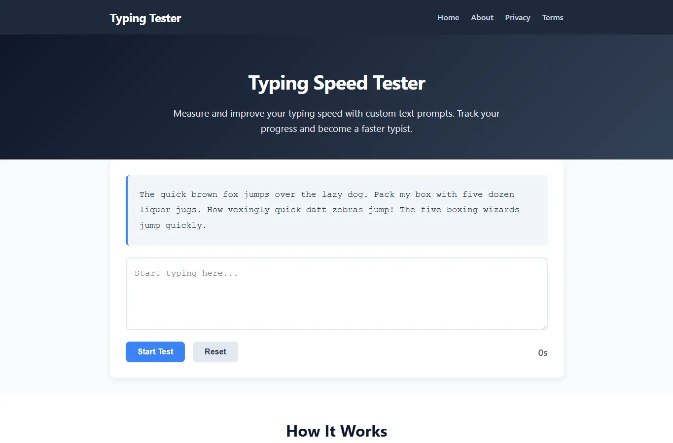 Screenshot of Typing Speed Tester interface showing the project page in use